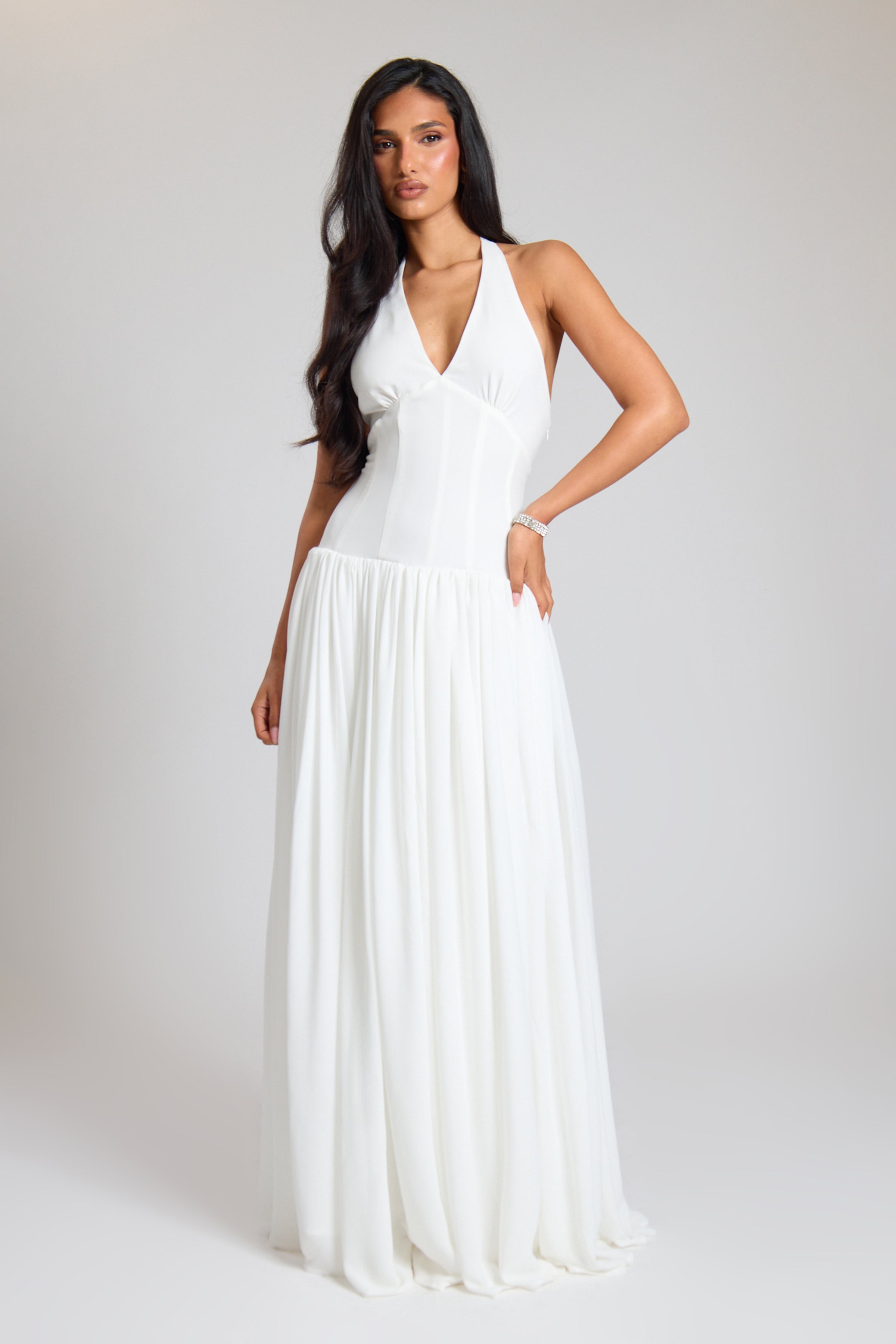 Cream Woven Plunge Boned Lace Up Halterneck Corset Maxi Dress