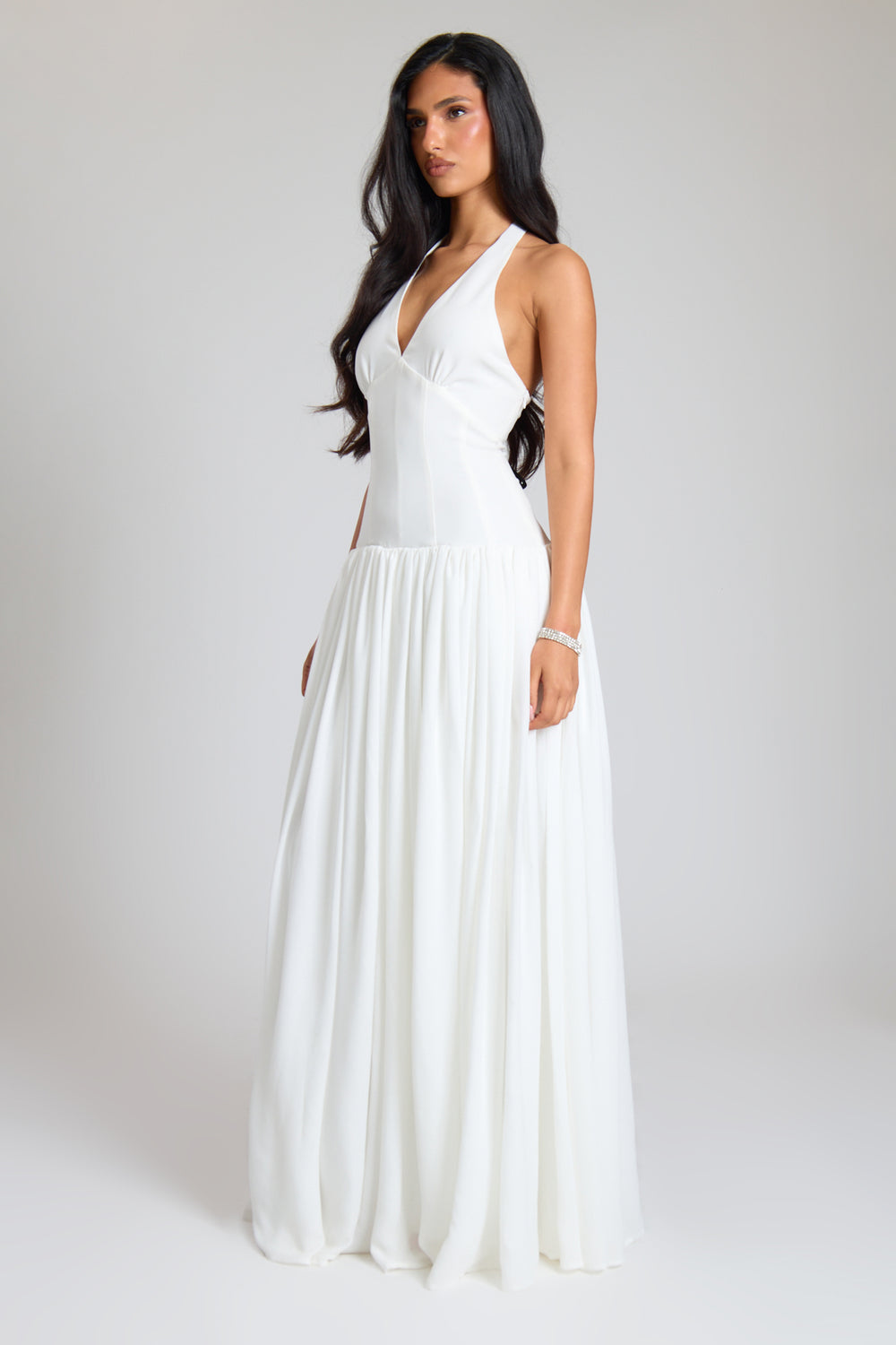 Cream Woven Plunge Boned Lace Up Halterneck Corset Maxi Dress