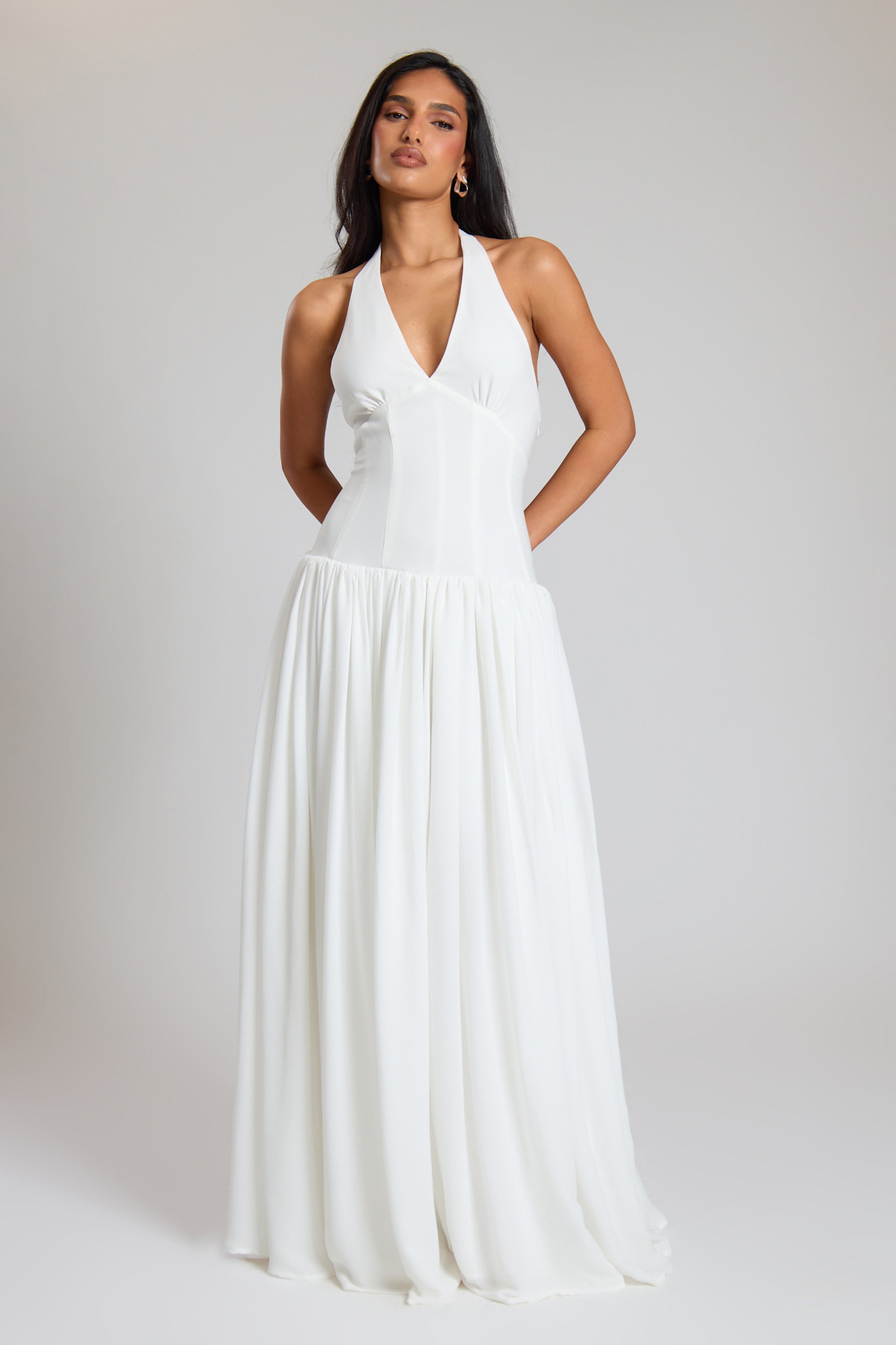 Cream Woven Plunge Boned Lace Up Halterneck Corset Maxi Dress