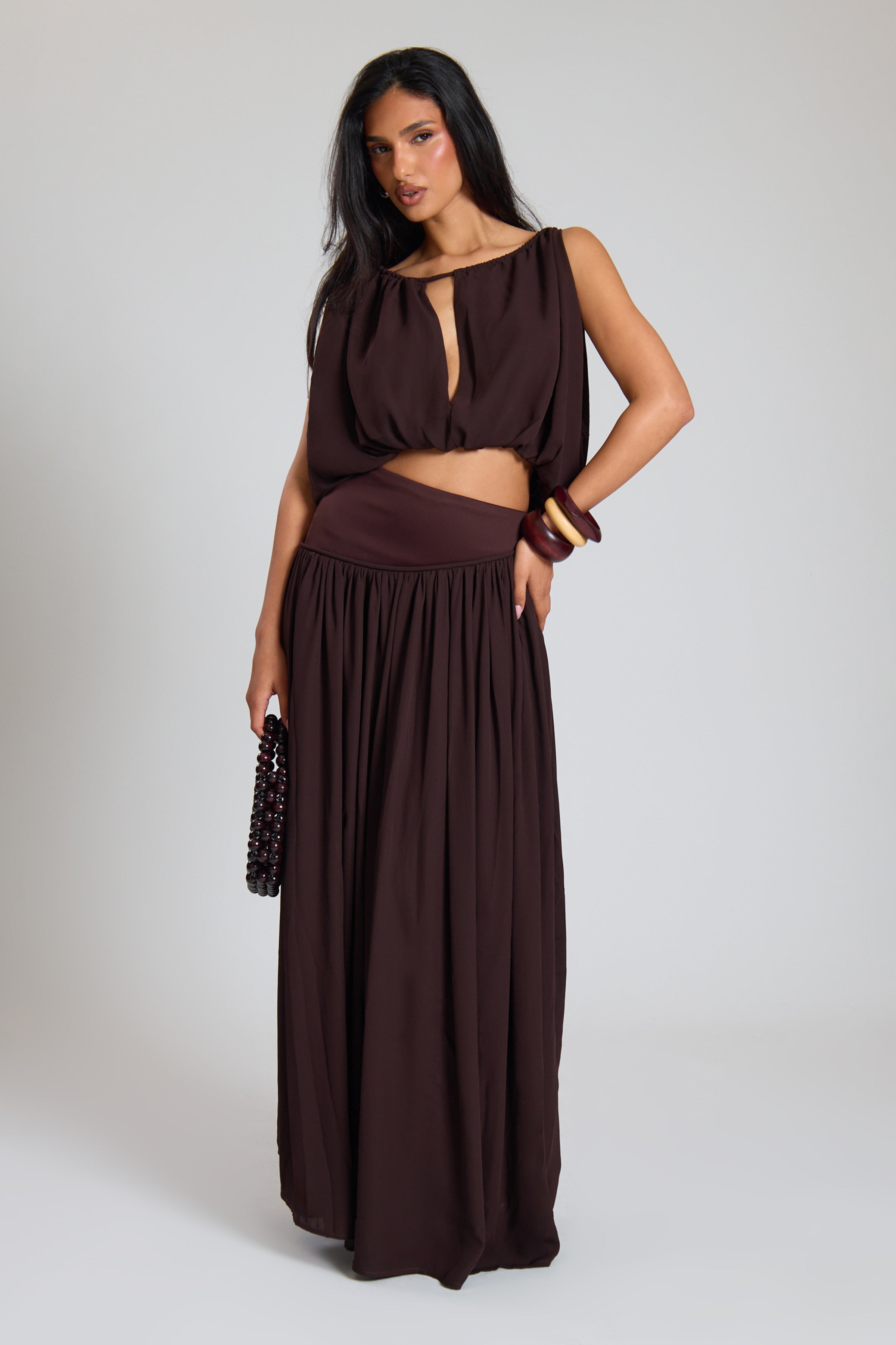 Chocolate Woven Ruched Tie Front Crop Top