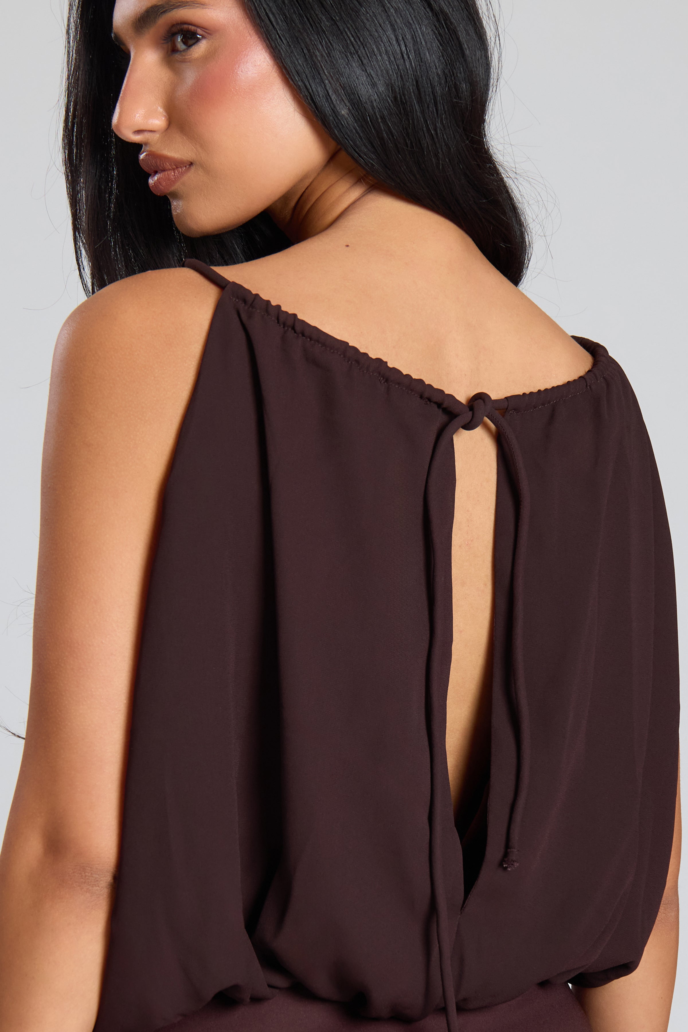 Chocolate Woven Ruched Tie Front Crop Top