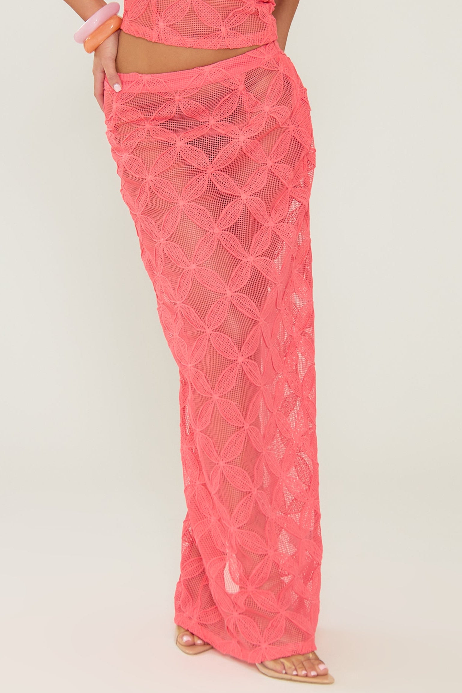Coral Textured Floral Maxi Skirt