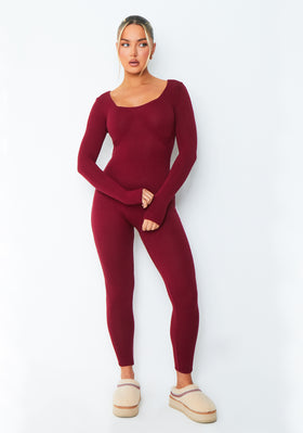 Savannah Burgundy Knitted Long Sleeve Jumpsuit