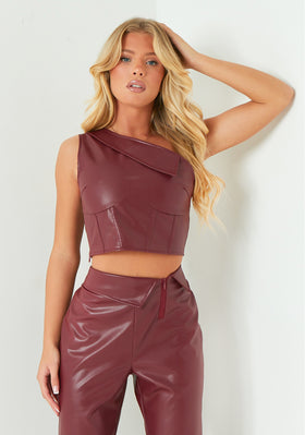 Ramona Wine Fold Over Corset Detail Faux Leather Top