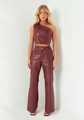 Marlowe Wine Fold Over Faux Leather Flare Trouser