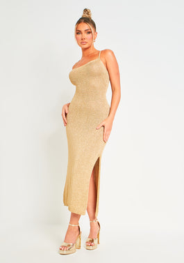 Skylar Gold Metallic Knit Midi Dress | Women's Dresses