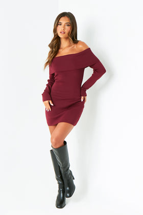 Kiara Burgundy Long Sleeve Off The Shoulder Knitted Dress