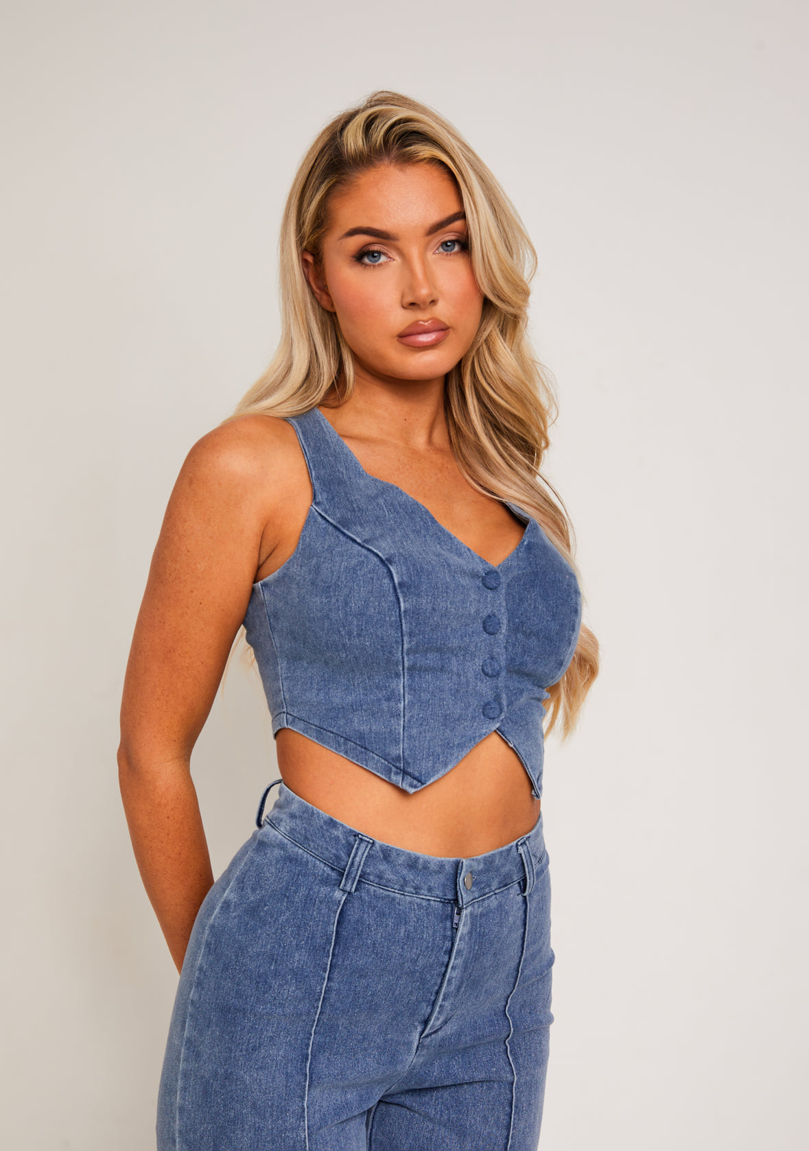 Nella Blue Denim Cropped Button-Up Waistcoat | Women's Denim Co-Ord's ...