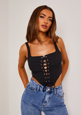 Black Woven Structured Lace Up Corset Crop Top Corset Crop, 47% OFF