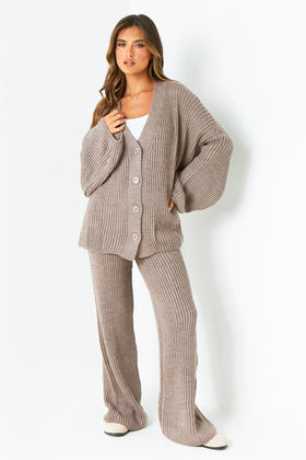 Chantelle Mocha Chunky Knit Cardigan & Trouser Co-Ord Set