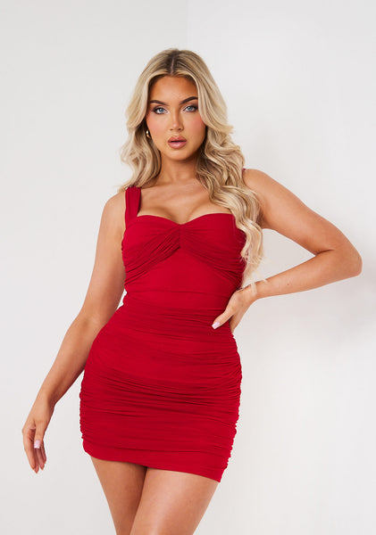 Ruched Mesh Bodycon Dress in Red, VENUS