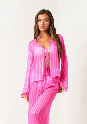 Jess Pink Sheer Stripe Beach Cover Up Shirt