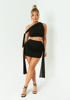 Diana Black One Shoulder Tie Detail Mesh Crop Top