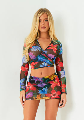 Belle Black Floral Tie Front Beach Top