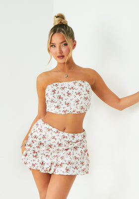 Paige White Floral Printed Ruched Bandeau Top