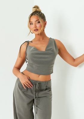 Ellen Grey Asymmetric Cowl Neck Top