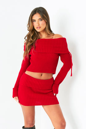 Lauryn Red Knitted Bardot Fold Down Jumper