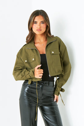 Morgan Khaki Oversized Cropped Trench Jacket