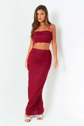 Kaia Wine Spot Mesh Maxi Skirt