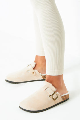 Becky Beige Faux Fur Lined Buckle Sliders