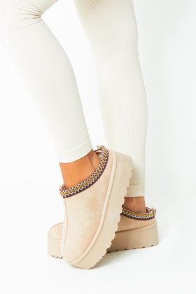 Emily Beige Platform Faux Fur Lined Slip On Boots