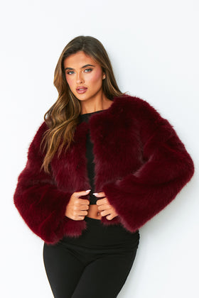 Harriet Wine Cropped Faux Fur Coat