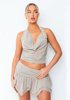 Natalie Mocha Buckle Tie Halter Neck Cowl Top