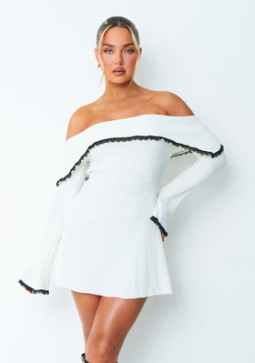 Ada White Lace Trim Fold Over Mini Dress