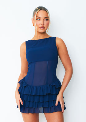 Lola Navy Ruffle Lace Up Back Mini Dress