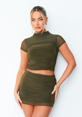 Jasmine Khaki Mesh Cap Sleeve Top