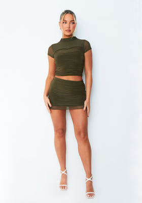 Julia Khaki Mesh Panel Mini Skirt