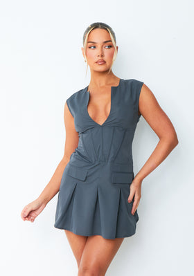 Matilda Dark Grey Plunge Pleated Dress