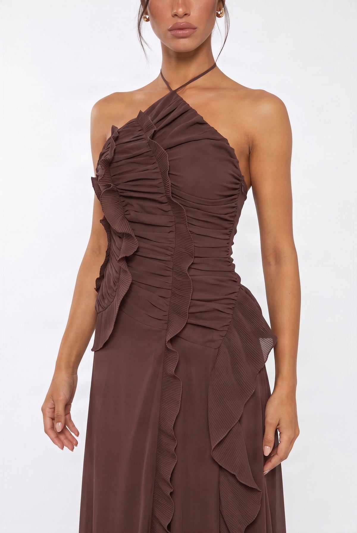 Chocolate Halter Ruffle Maxi Dress
