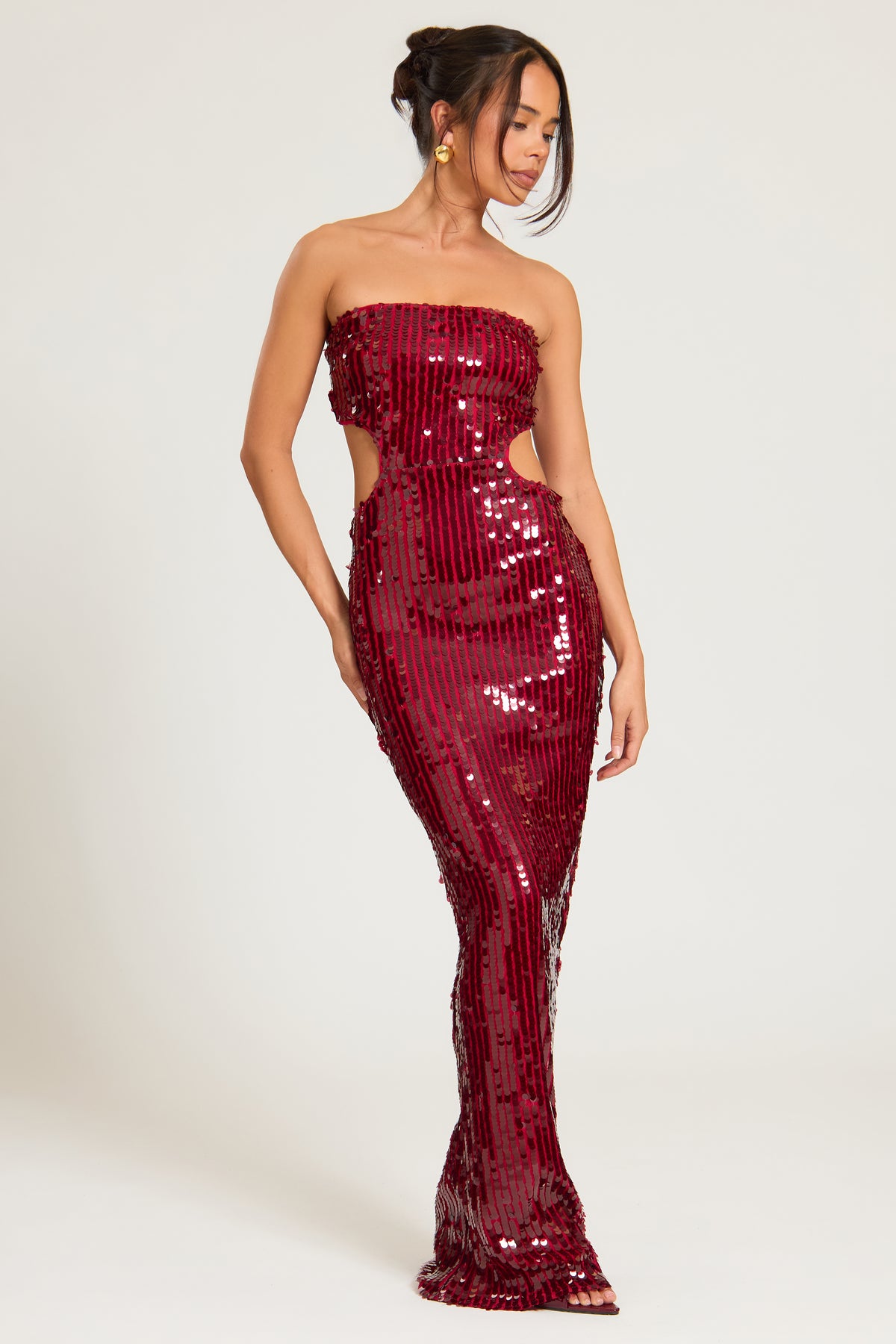 Sequin Cut Out Maxi Dress in Burgundy