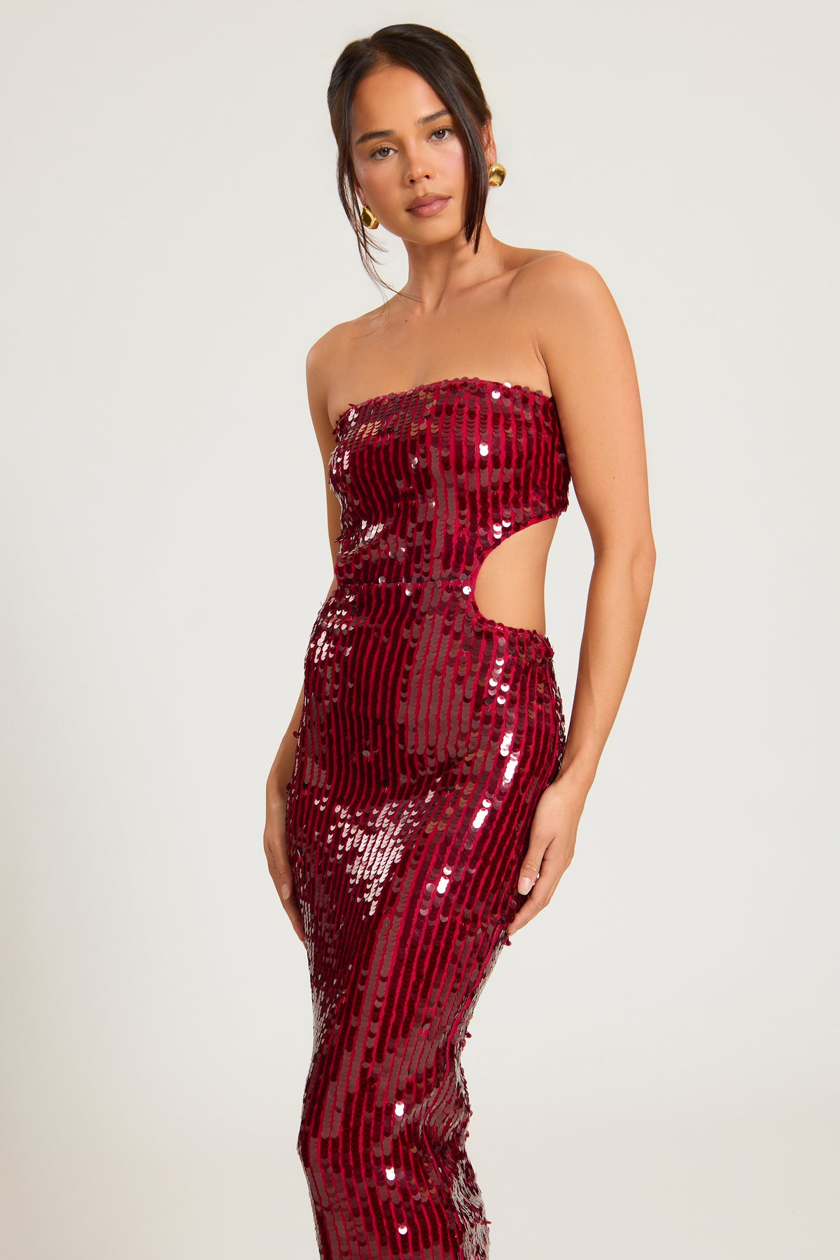 Sequin Cut Out Maxi Dress in Burgundy