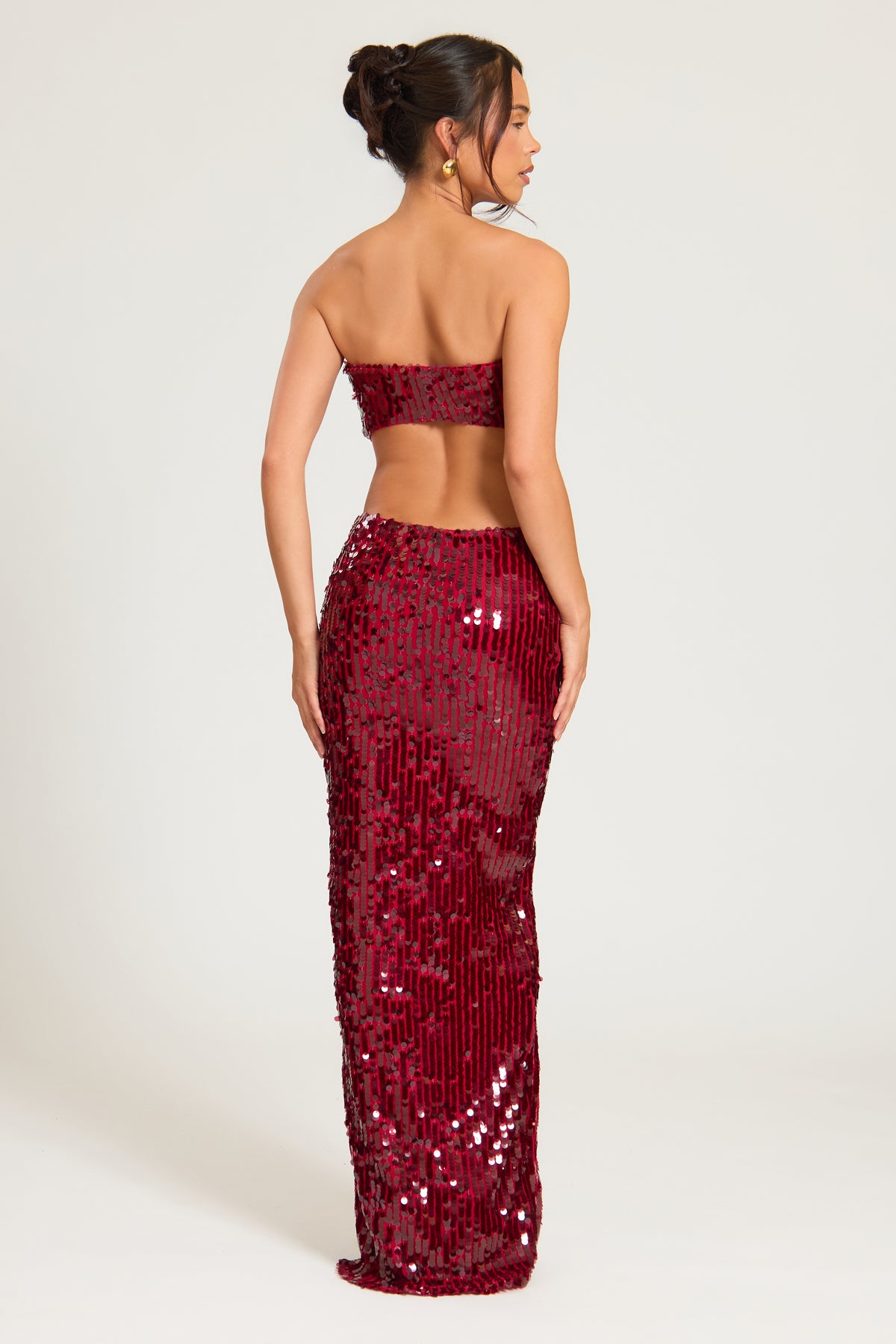 Sequin Cut Out Maxi Dress in Burgundy