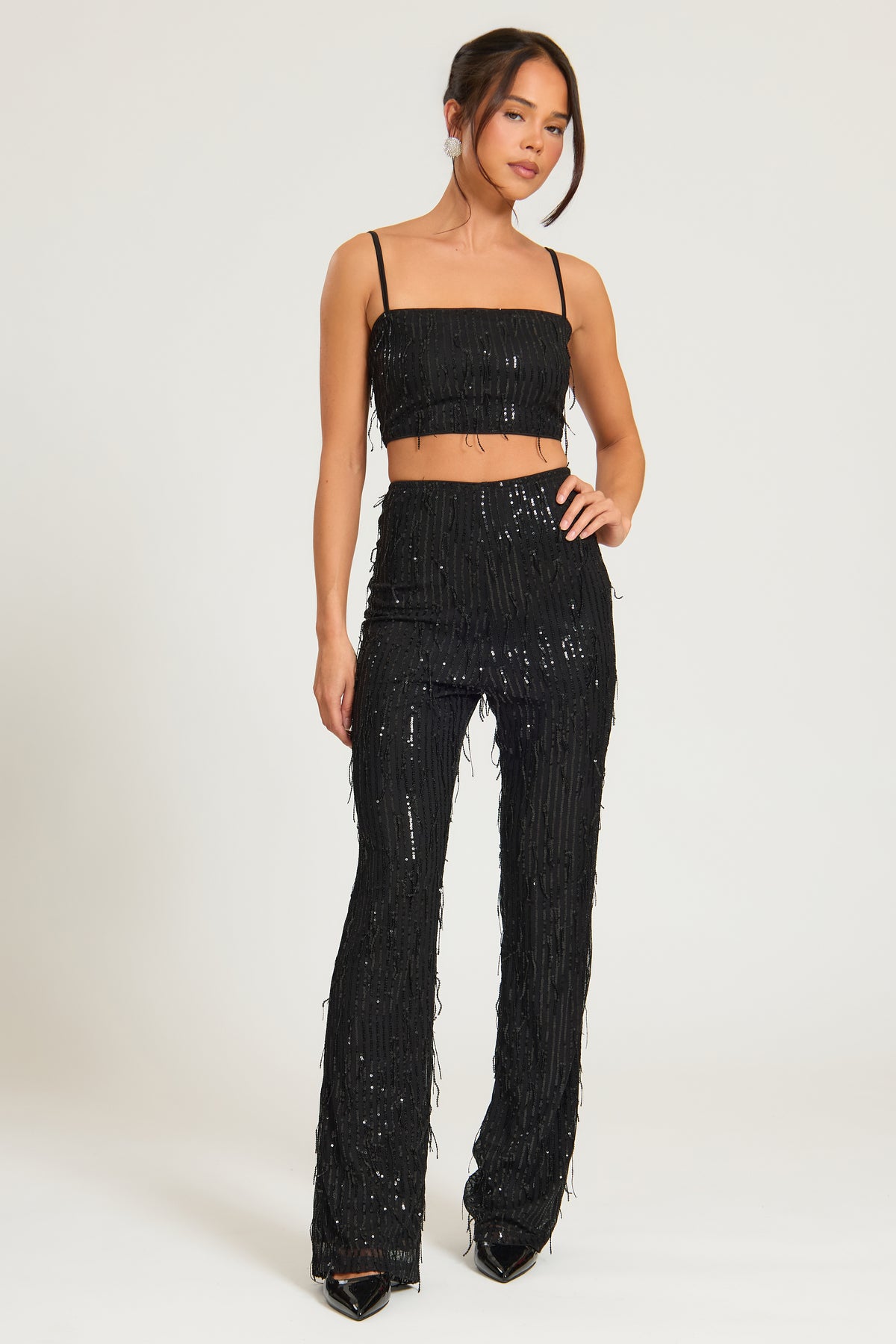 Black Sequin Tassel High Waisted Trousers