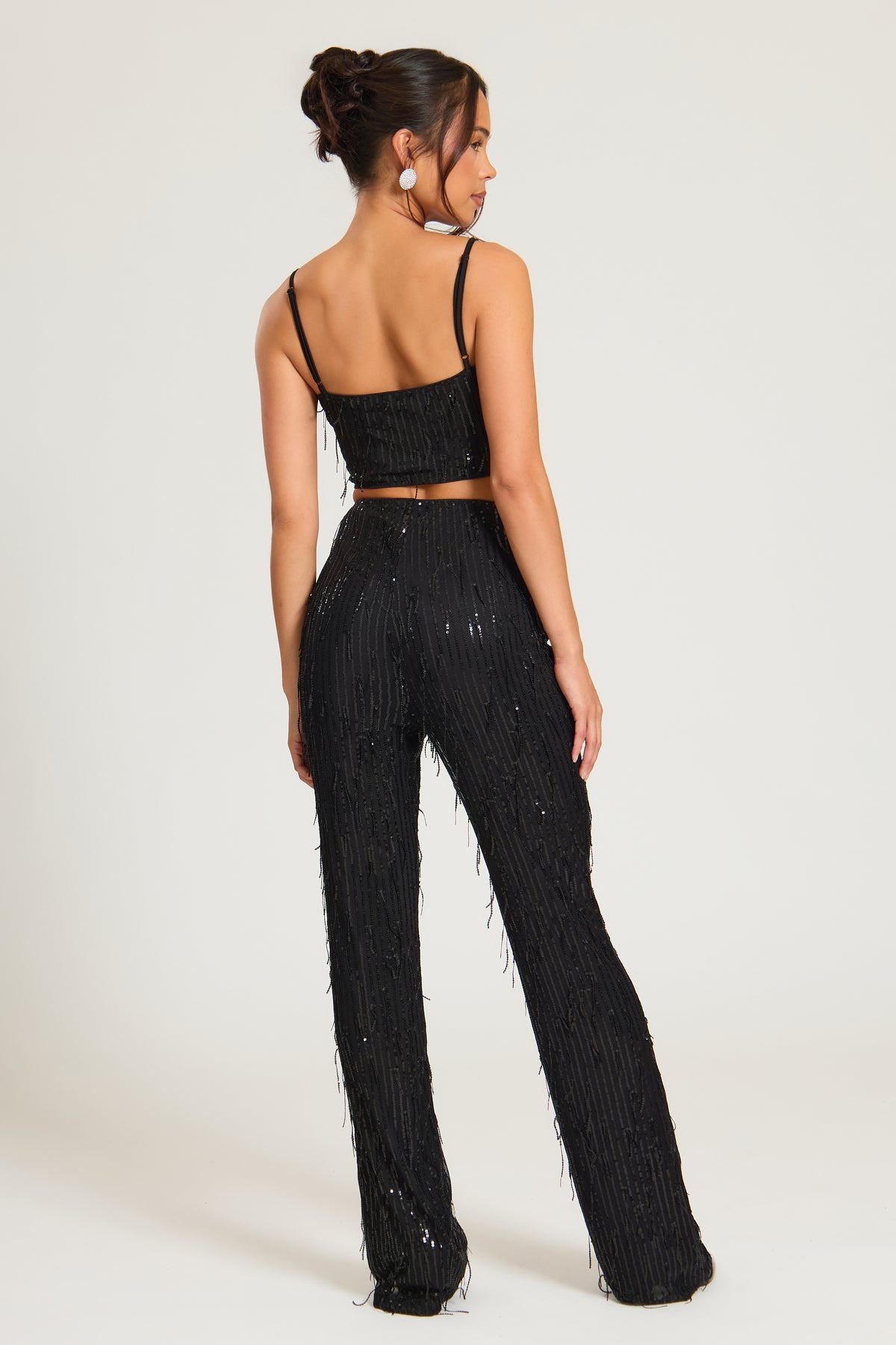 Black Sequin Tassel High Waisted Trousers