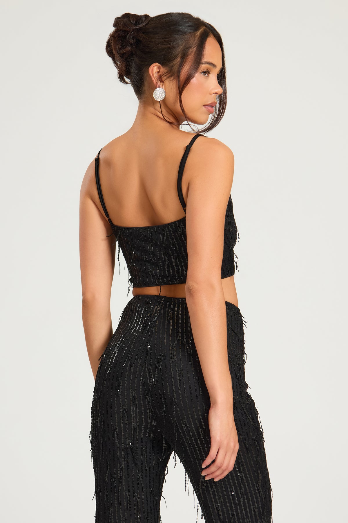 Black Sequin Tassel High Waisted Trousers