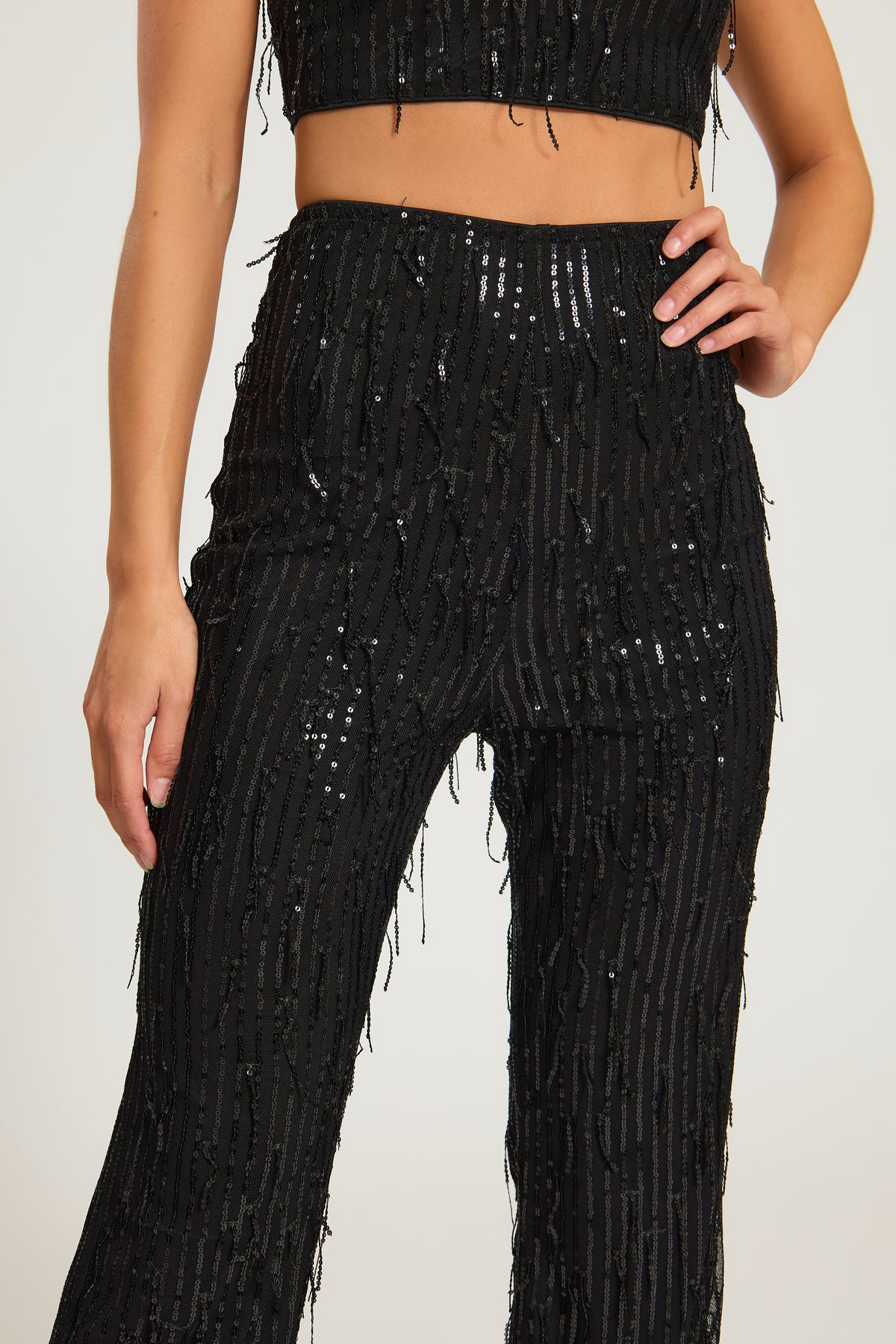 Black Sequin Tassel High Waisted Trousers