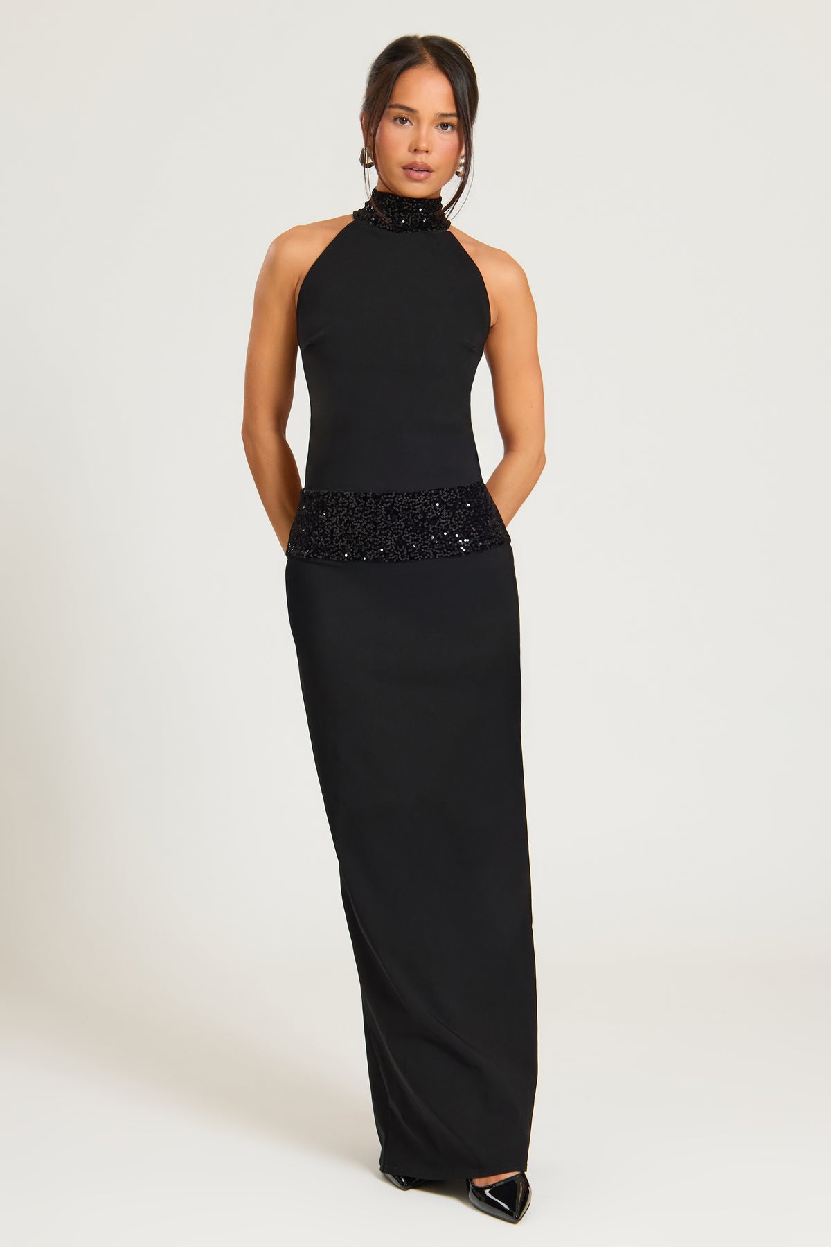 Sequin Waistband High Neck Backless Maxi Dress