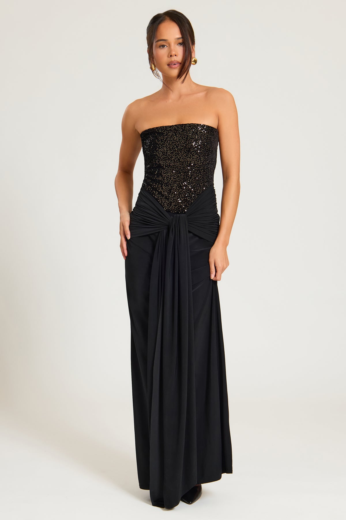 Bandeau Velvet Sequin Maxi Dress With Tie