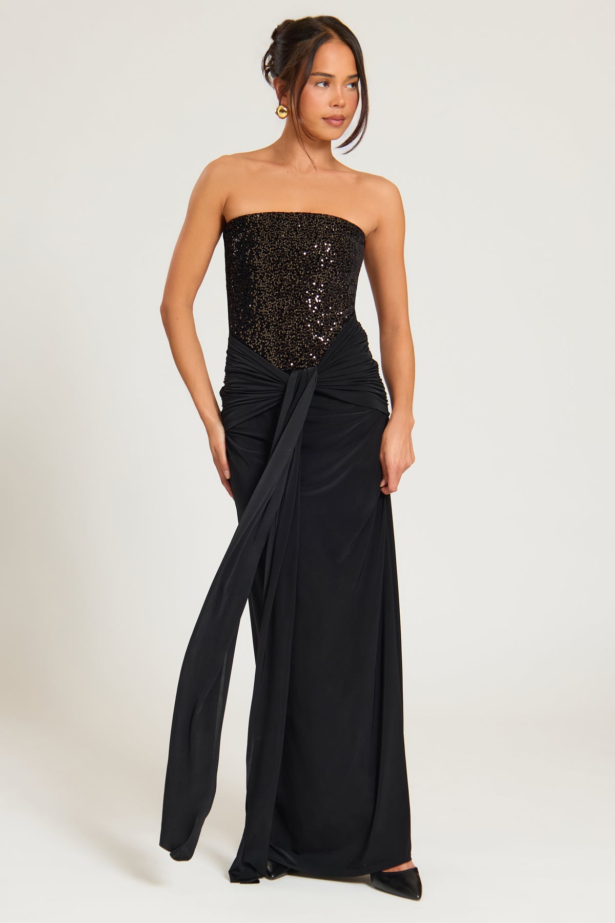 Bandeau Velvet Sequin Maxi Dress With Tie