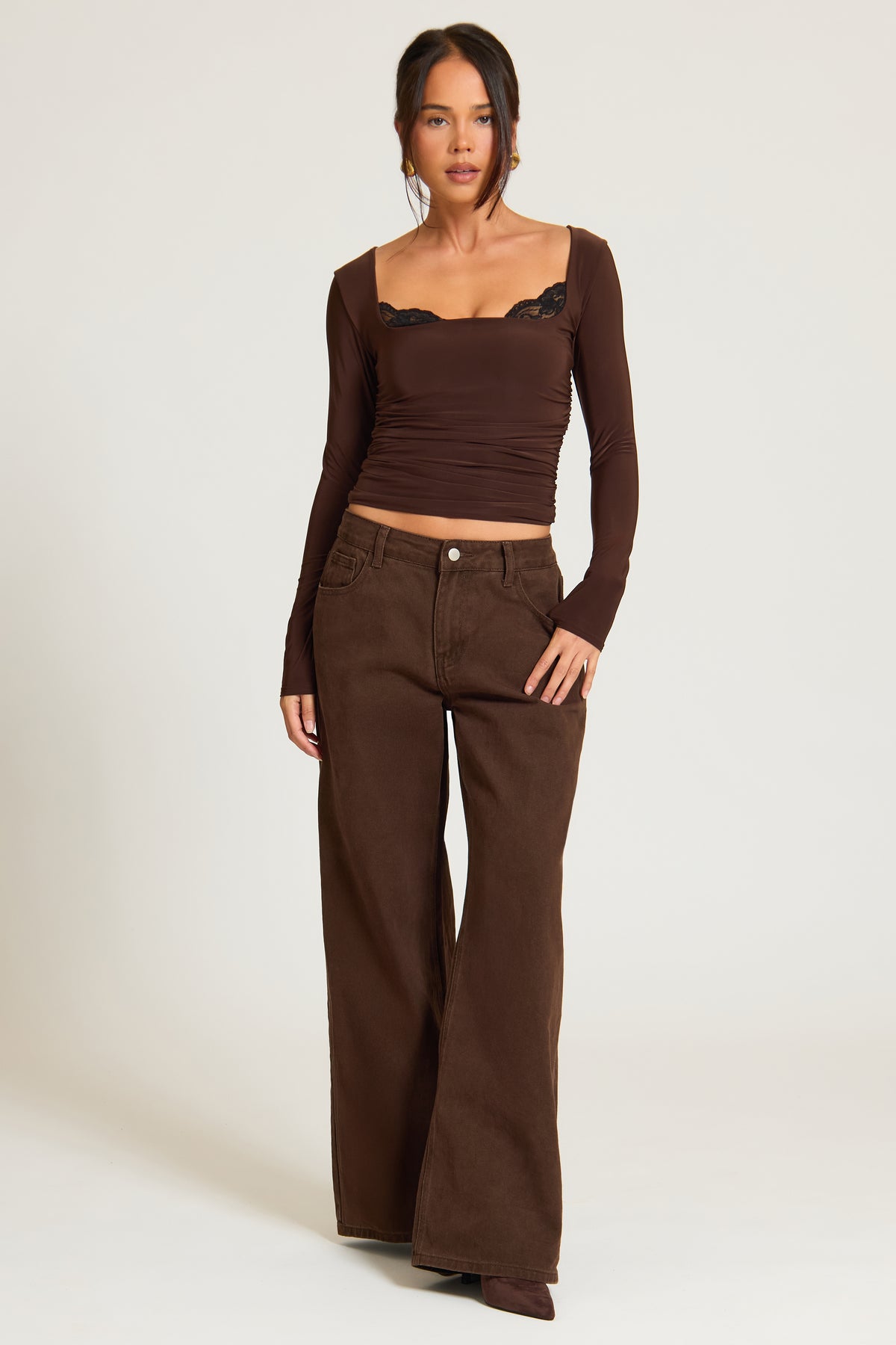 Lace Trim Long Sleeve Slinky Top