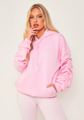 Chrissa Baby Pink Oversized Ruched Sleeve Hoodie