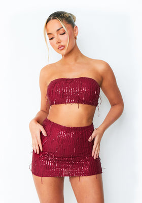 Athena Wine Tassel Sequin Bandeau Top