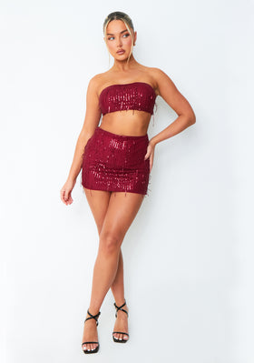 Cleo Wine Tassel Sequin Mini Skirt