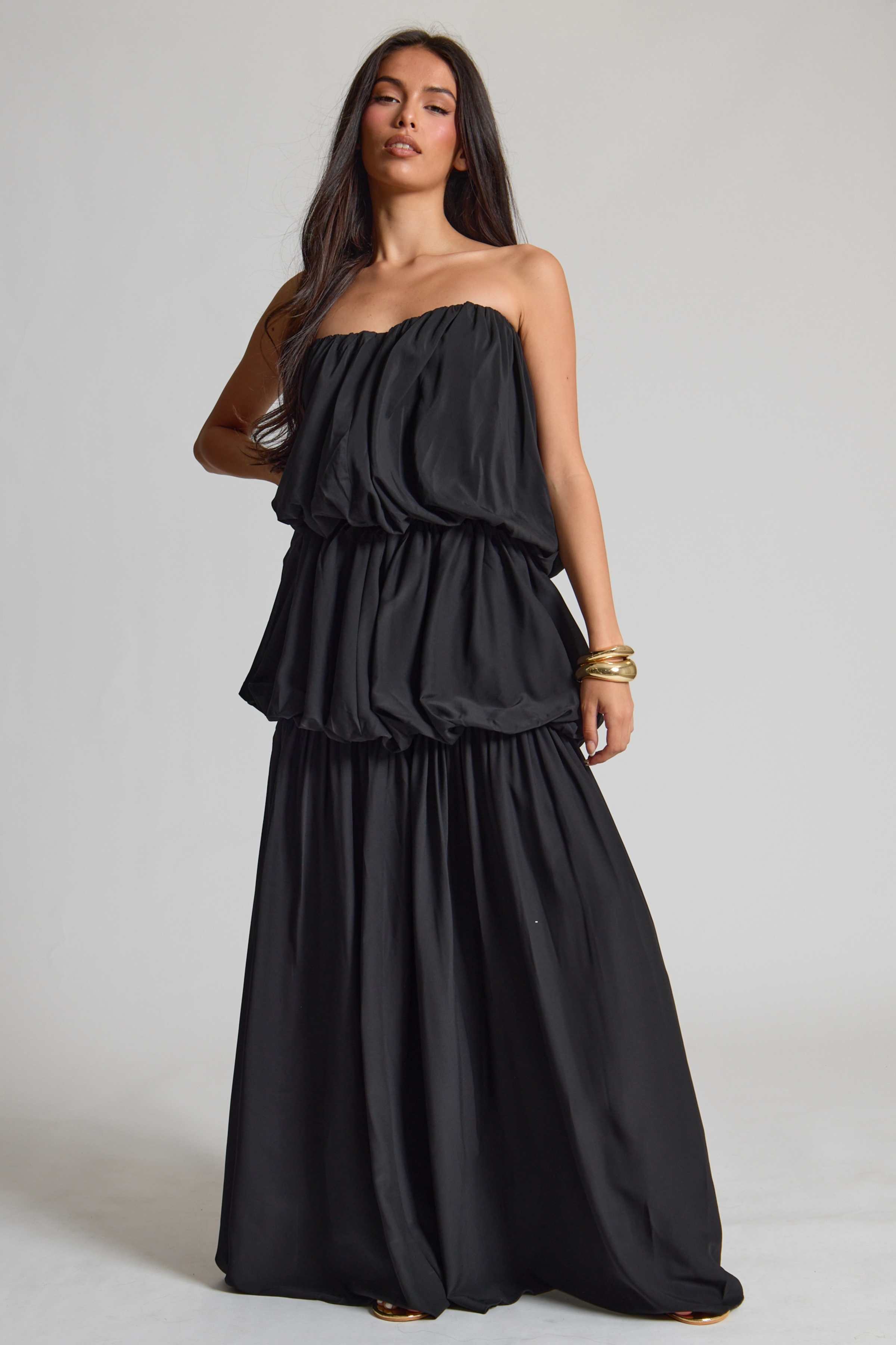 Black Chiffon Ruched Maxi Dress
