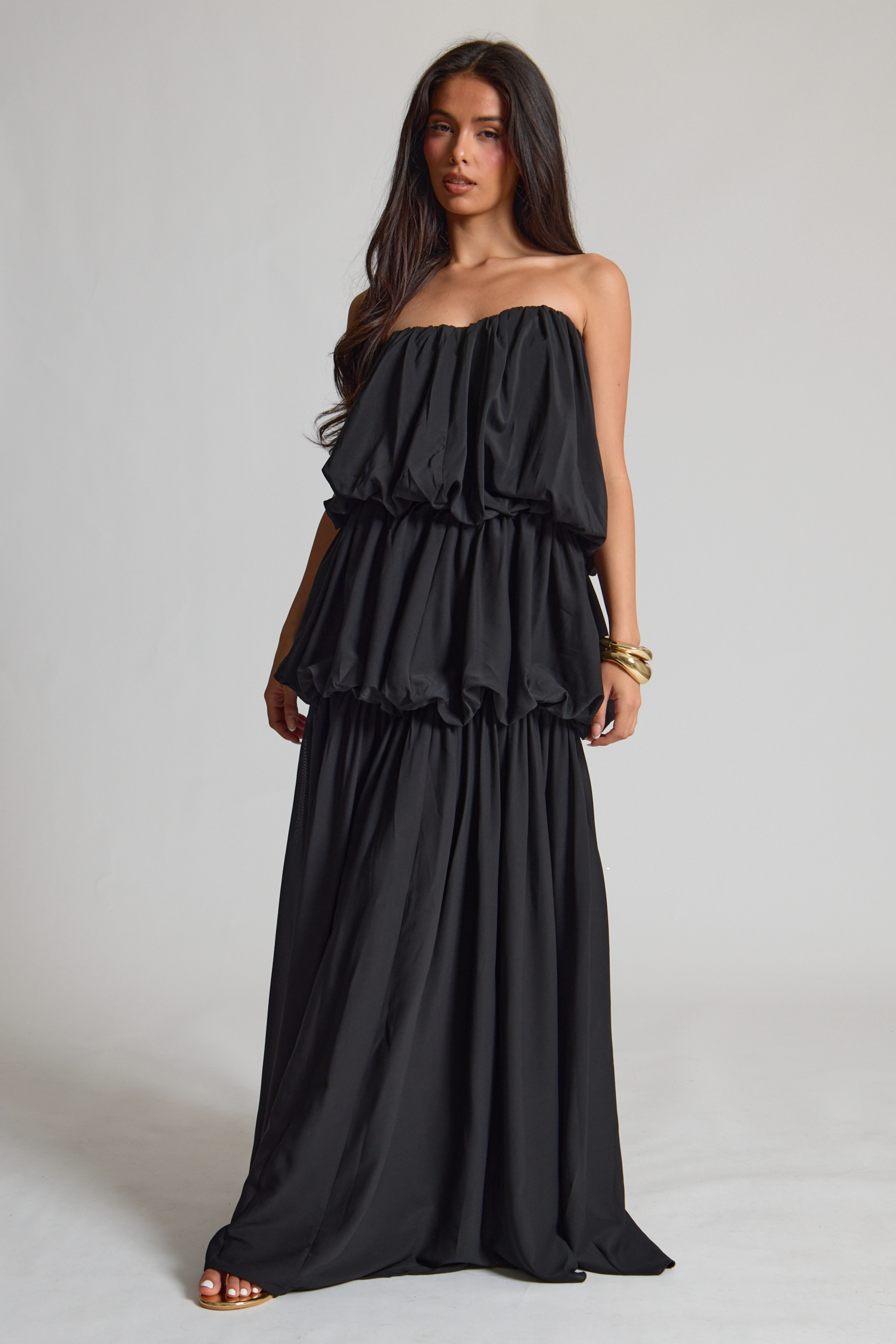 Black Chiffon Ruched Maxi Dress