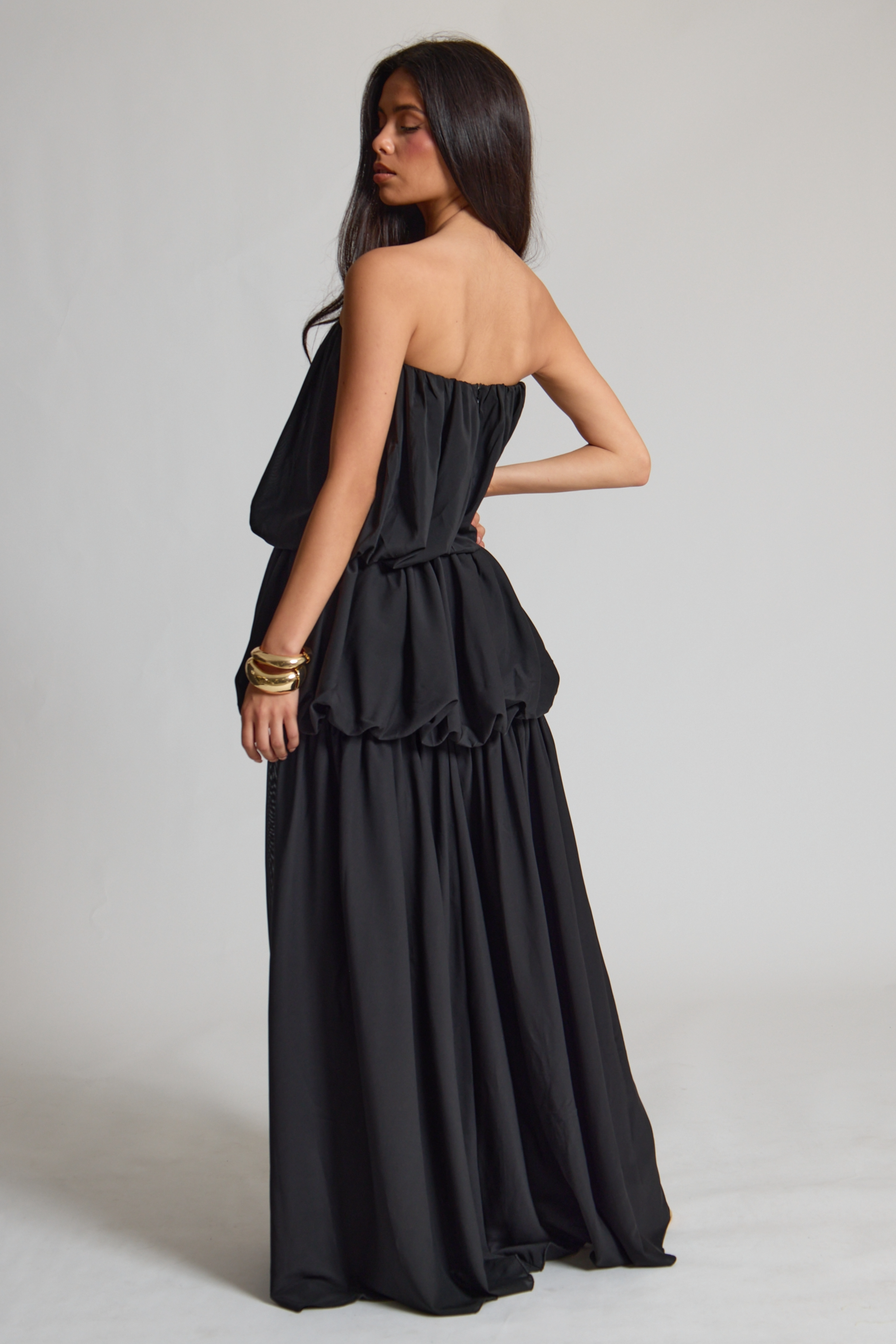 Black Chiffon Ruched Maxi Dress